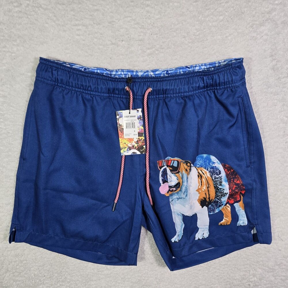 Robert Graham Mens Small Bulldog‎ Lined Blue Swim Board Shorts Swim Trunks S